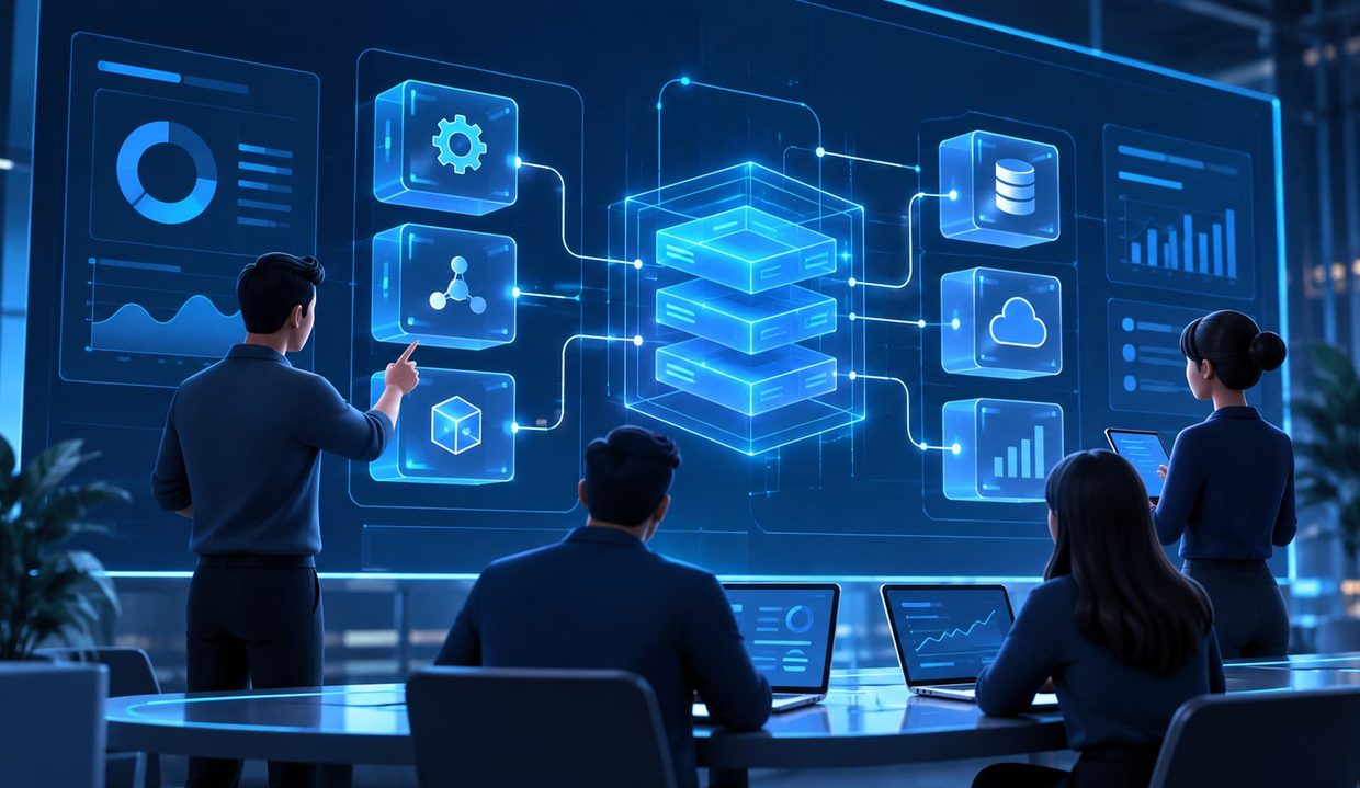 Development team reviewing work on screen